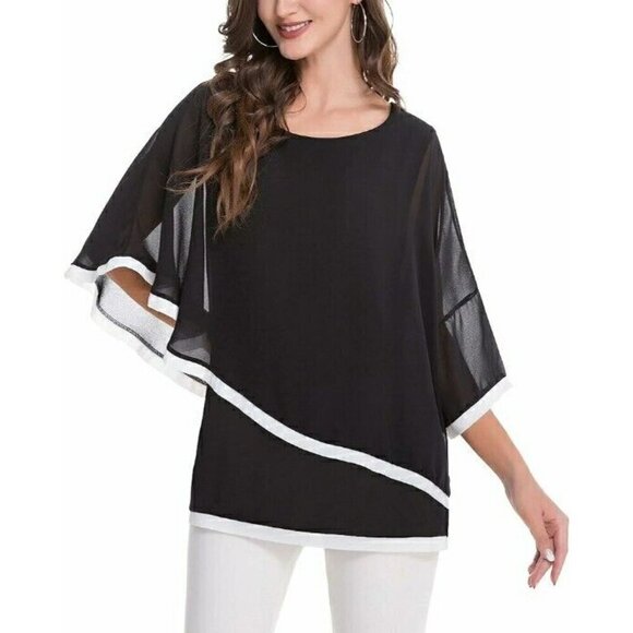 S.CHARMA BLACK BATWING SLEEVE IRREGULAR HEM CHIFFON BLOUSE TOP SZ XL - Picture 3 of 8